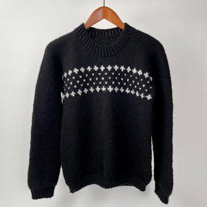 Hand Knit Simple Norwegian Nordic Style Crew Neck Sweater, Black/White, Size M